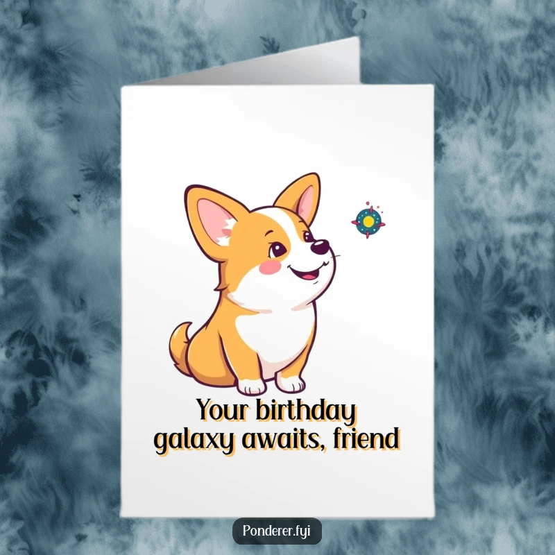 Funny Free Printable Birthday Card: Corgi tilting head, one ear up, pondering tiny spinning galaxy, cosmic humor.