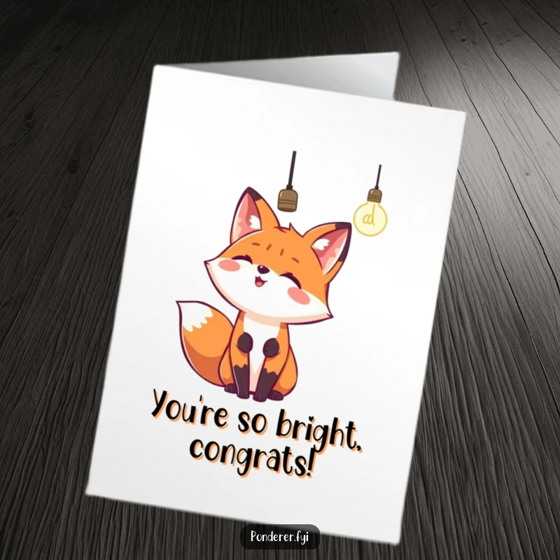 Funny Free Printable Congratulations Card: A happy fox looks up at a dangling lightbulb, representing a moment of genius and celebration.