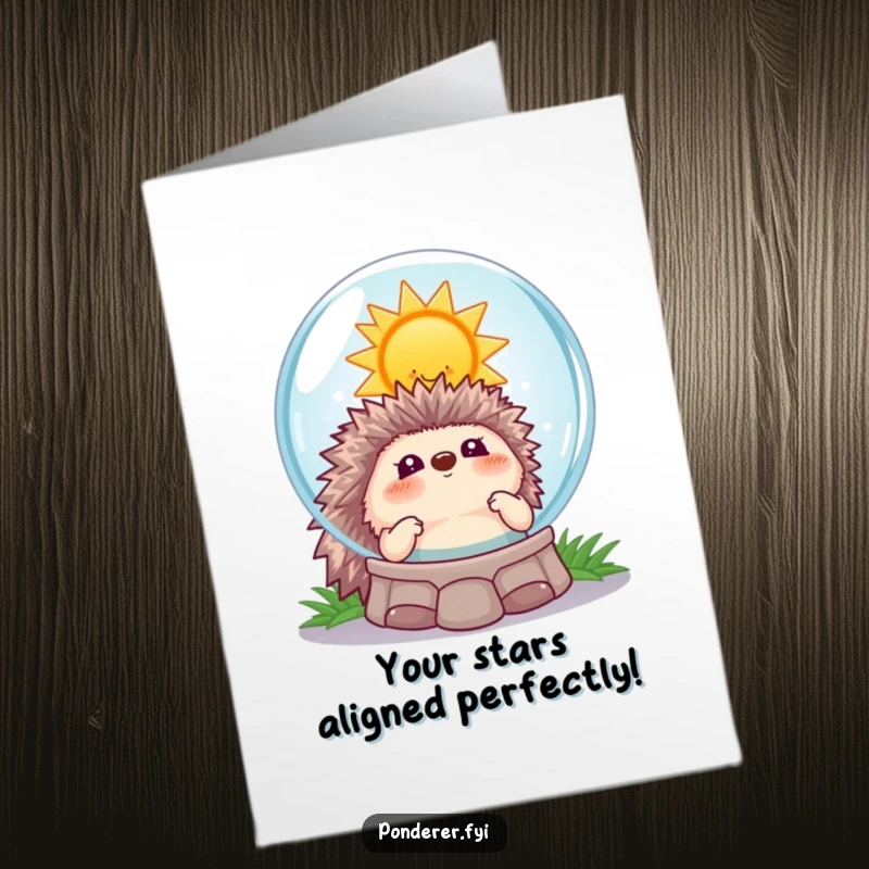 Funny free printable congratulations card of a playful hedgehog peering into a crystal ball reflecting a smiling sun, full of good fortune.