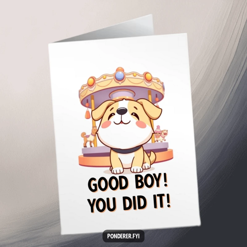 Funny Free Printable Congratulations Card: Happy dog character looking up at a spinning carousel of thoughts, celebrating success.