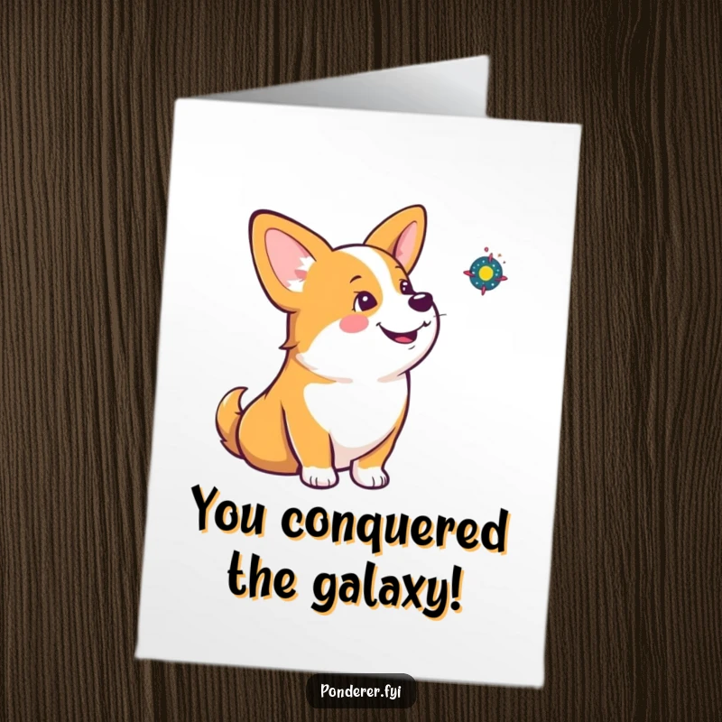 Funny Free Printable Congratulations Card: Corgi contemplating a tiny spinning galaxy, a unique and humorous way to say congrats.