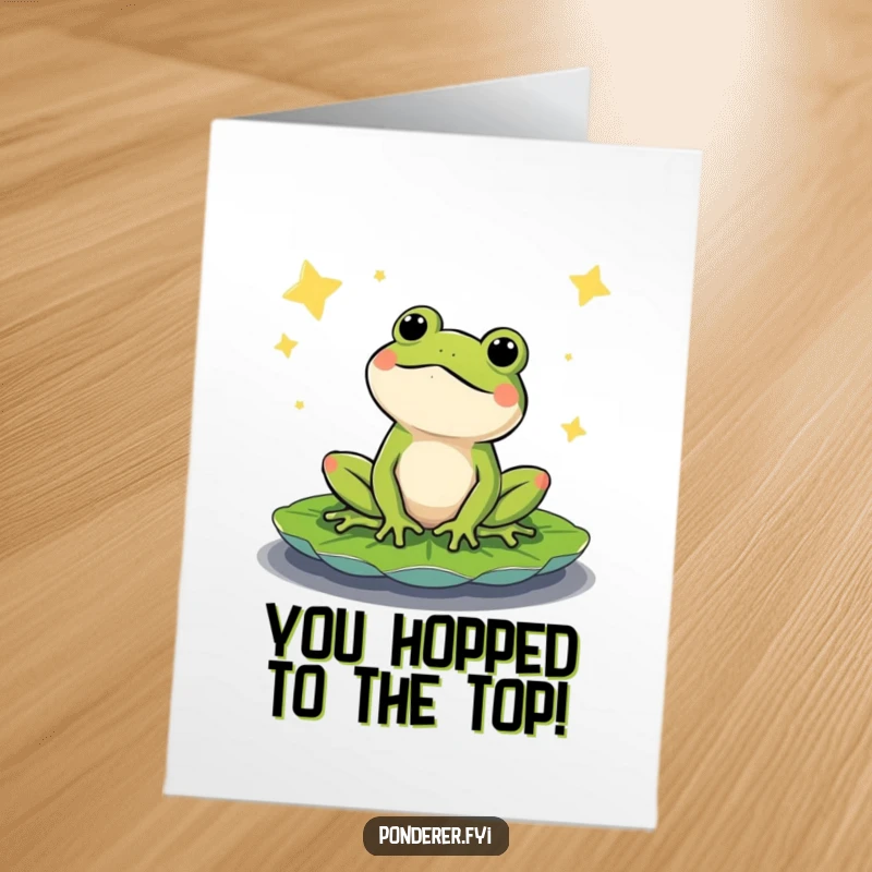 Funny Free Printable Congratulations Card: Content frog looking at stars, symbolizing big achievements, a unique downloadable gift.