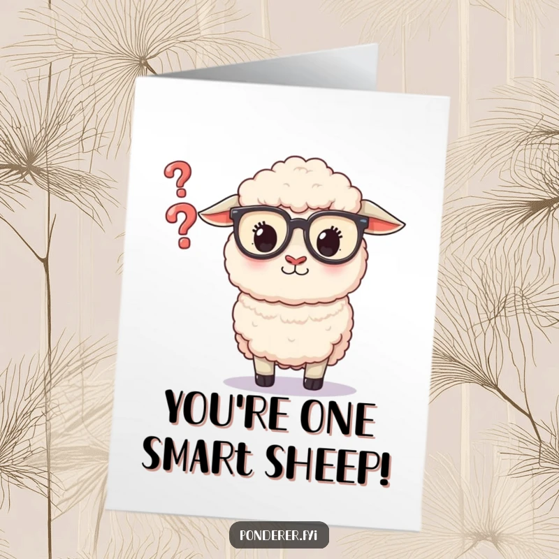 Funny Free Printable Congrats Card: Sheep in glasses intently studies a floating question mark, symbolizing a solved puzzle.
