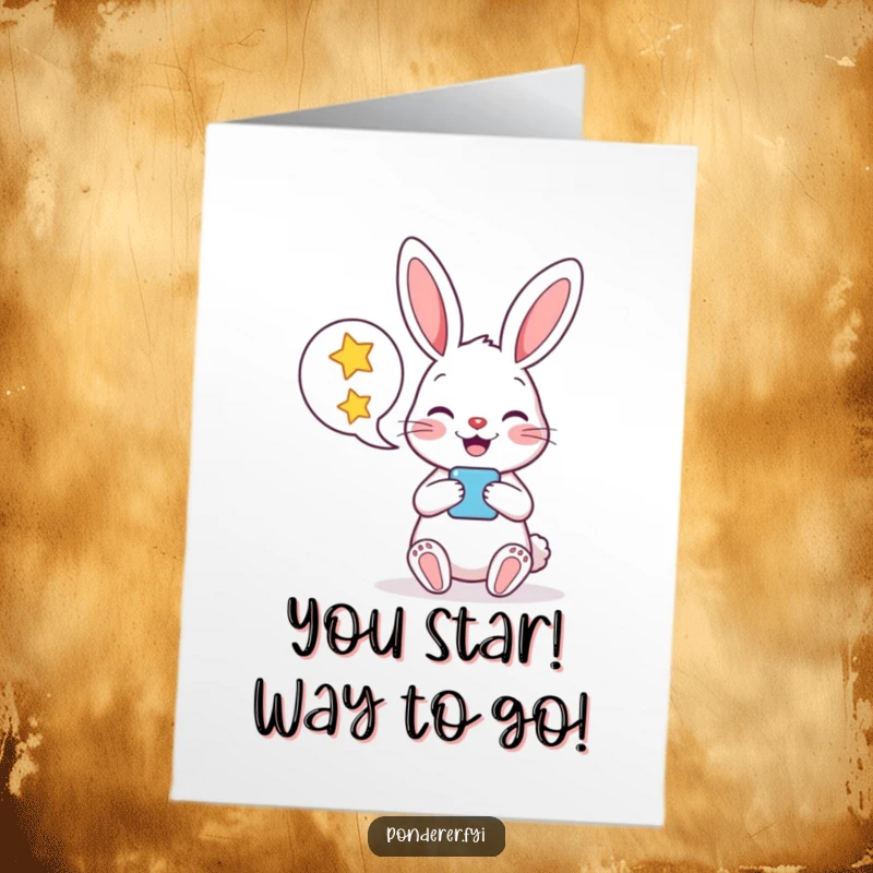 Funny Free Printable Congratulations Card: Cheerful rabbit with a speech bubble full of shining stars, perfect for celebrating wins.