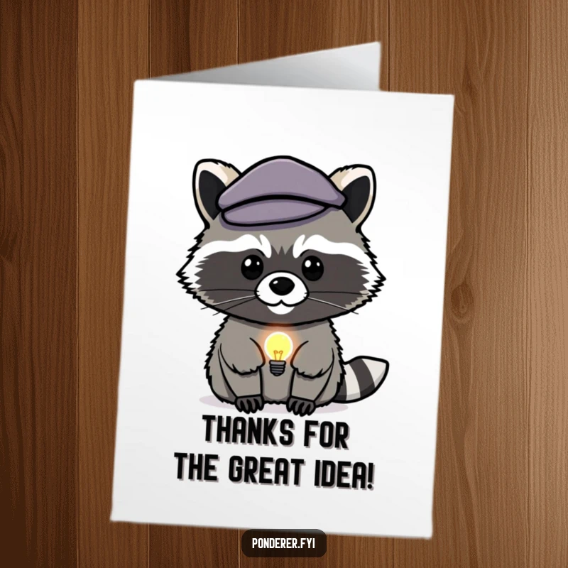 Funny Free Printable Thank You Card: A raccoon in a beret thoughtfully strokes its chin, a lightbulb indicating a smart thank you.