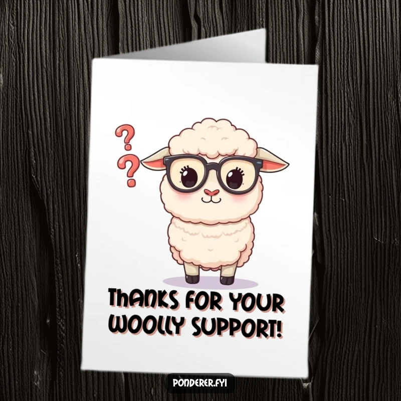 Funny Free Printable Thank You Card: Sheep wearing glasses looks closely at a tiny floating question mark, showing thoughtful thanks.