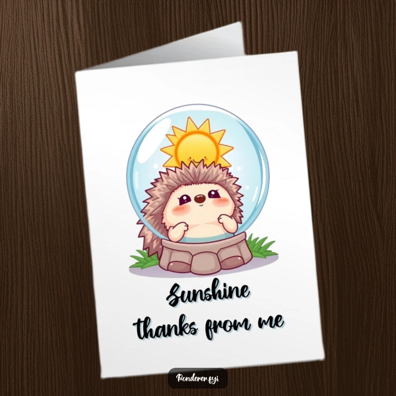 Funny free printable thank you card featuring a playful hedgehog looking into a crystal ball that reflects a smiling sun, sending happy thanks.