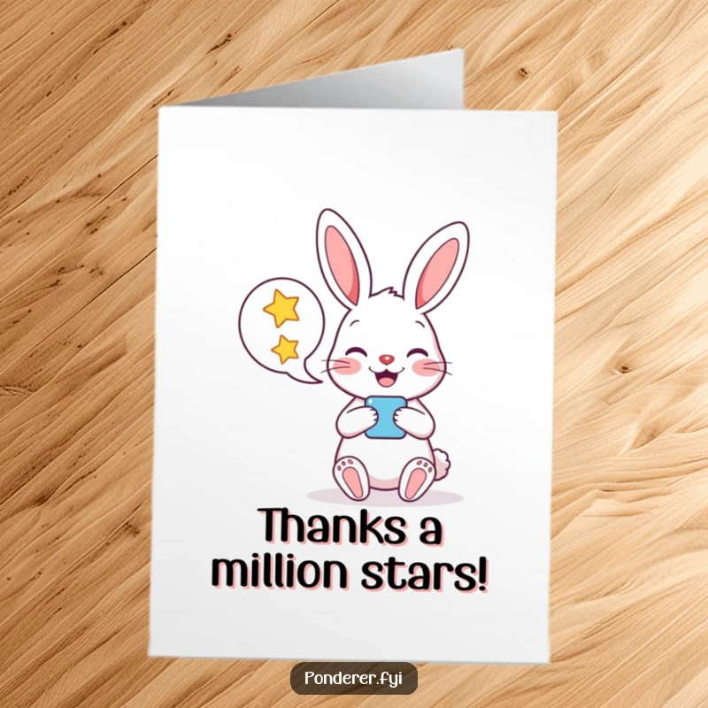 Funny Free Printable Thank You Card: A happy rabbit holds a speech bubble filled with glowing stars, conveying heartfelt thanks.