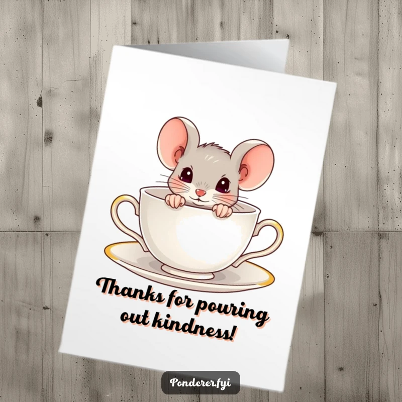 Funny Free Printable Thank You Card: Curious mouse in a teacup, offering thanks, a charming downloadable gift.