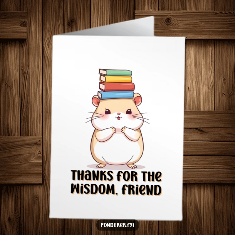 Funny Free Printable Thank You Card with a thoughtful hamster holding books, conveying sincere gratitude with a humorous touch.