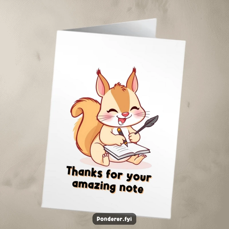 Funny free printable thank you card depicting a joyful squirrel diligently scribbling on a tiny notepad with a quill, expressing gratitude humorously.