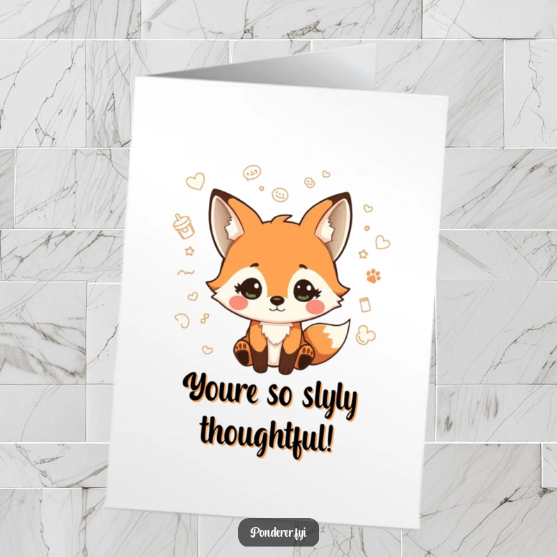 Funny Free Printable Thank You Card: A playfully quizzical fox is surrounded by floating, colorful doodles, perfect for expressing thanks.