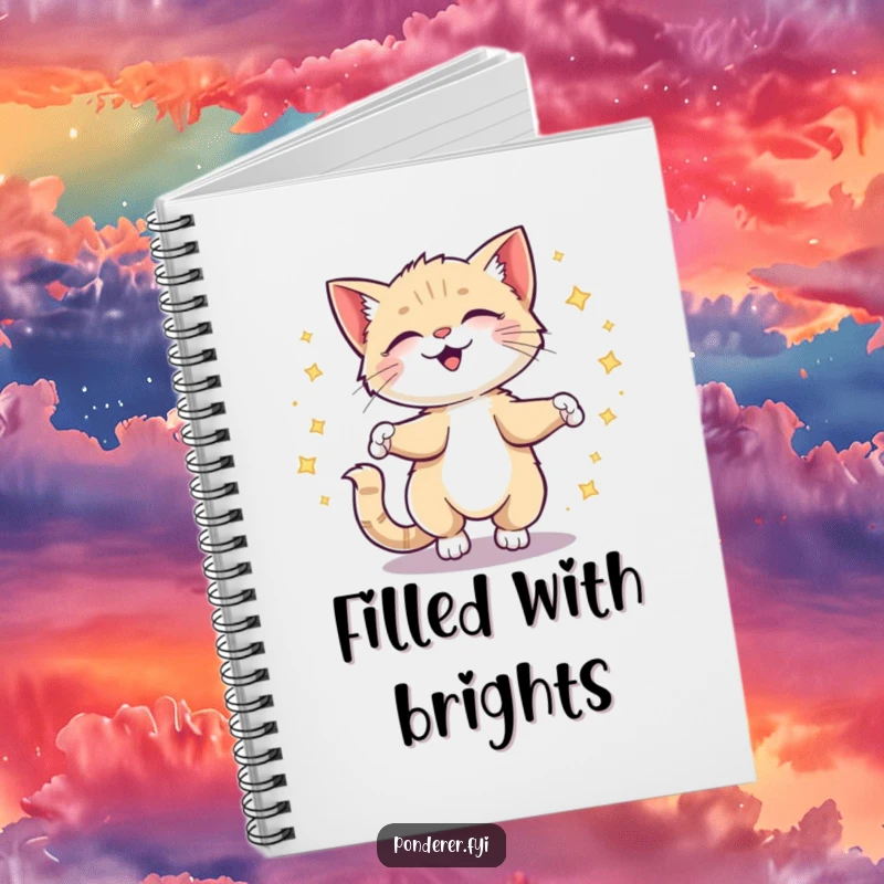 Funny kitten notebook with a giggling cat spinning and leaving a trail of sparkling ideas, great for journaling.