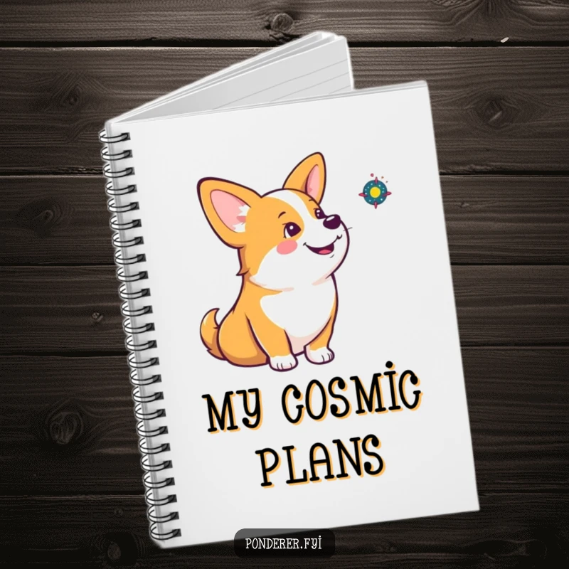 Funny corgi notebook with a corgi contemplating a spinning galaxy, perfect for writing down cosmic thoughts and ideas.