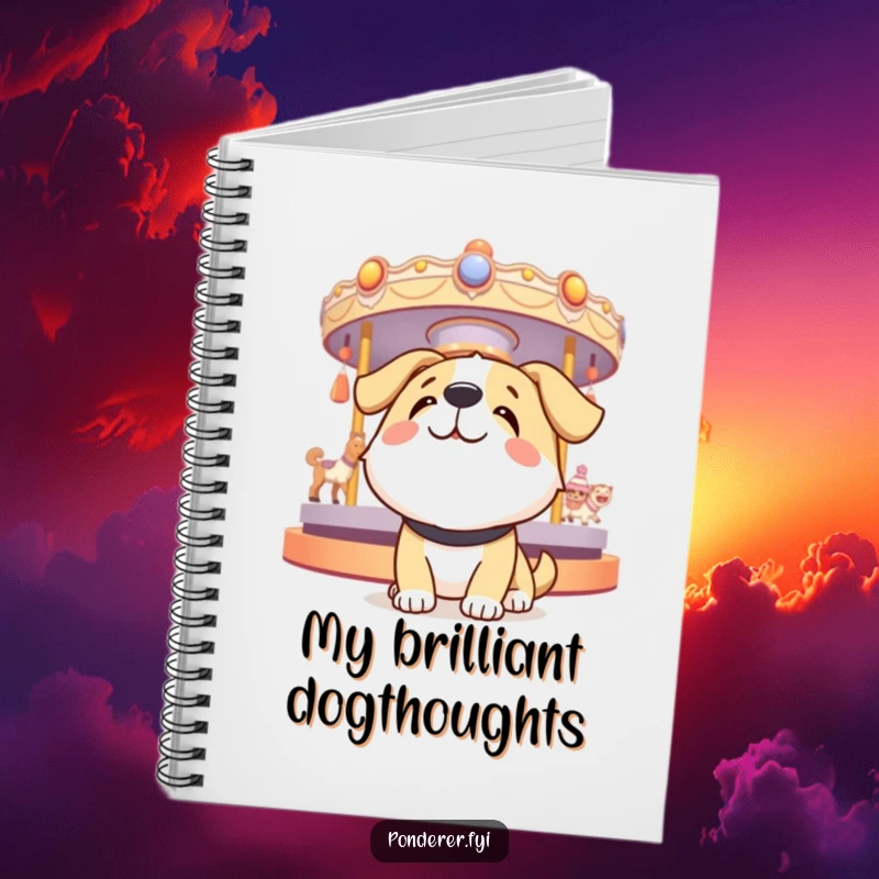 Funny dog notebook with a happy dog looking up at a spinning carousel of thoughts, ideal for jotting down happy ideas.