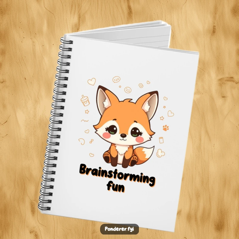 Funny notebook featuring a playful fox character with a quizzical expression, surrounded by floating doodles, ideal for creative journaling.