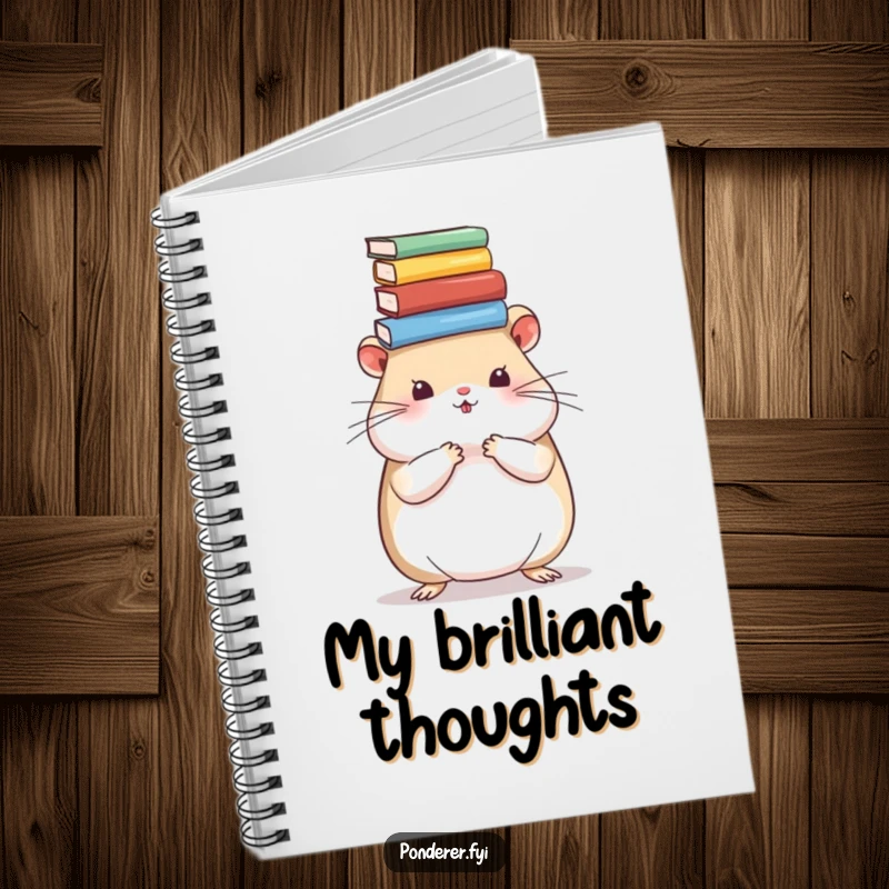 Funny hamster notebook cover featuring a studious hamster with books on its head, inspiring thoughtful writing and creativity.