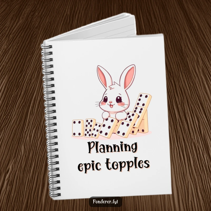 Funny rabbit domino notebook, smiling rabbit observing falling dominoes, humorous journal, ideal funny gift for note-taking.