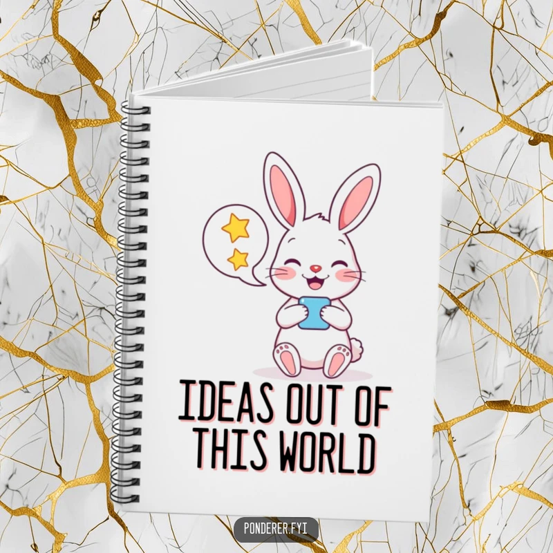 Funny notebook featuring a cheerful rabbit character holding a speech bubble brimming with vibrant stars, perfect for capturing creative thoughts.