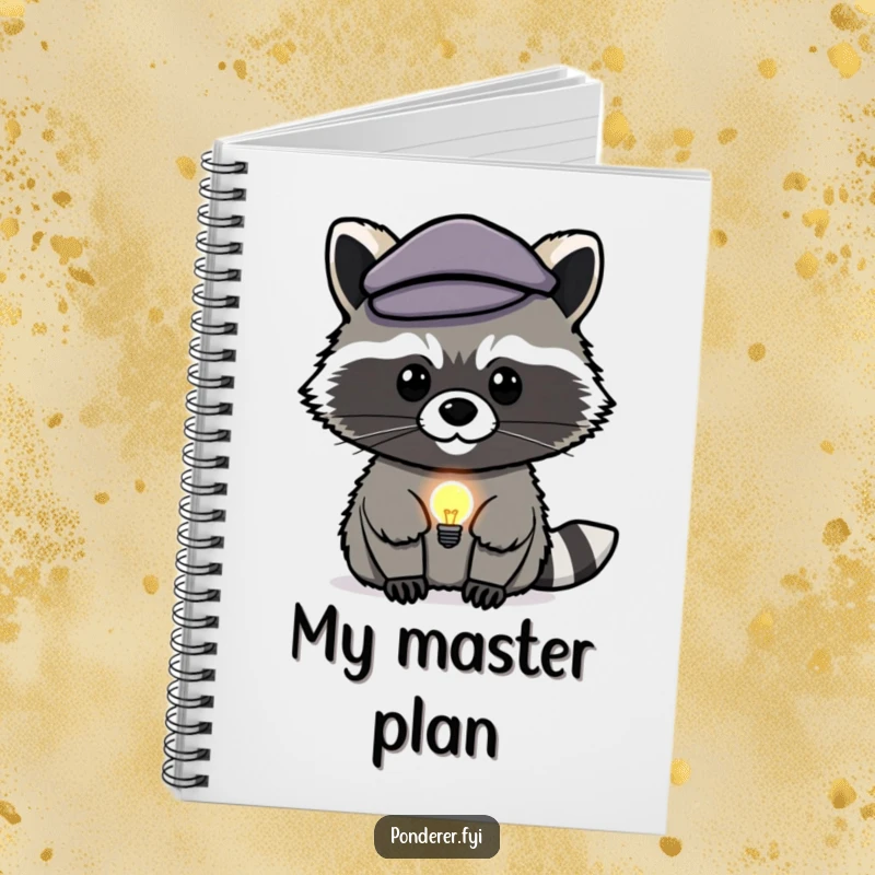 Funny raccoon genius notebook: a stealthy raccoon with a beret and a lightbulb icon on the cover.