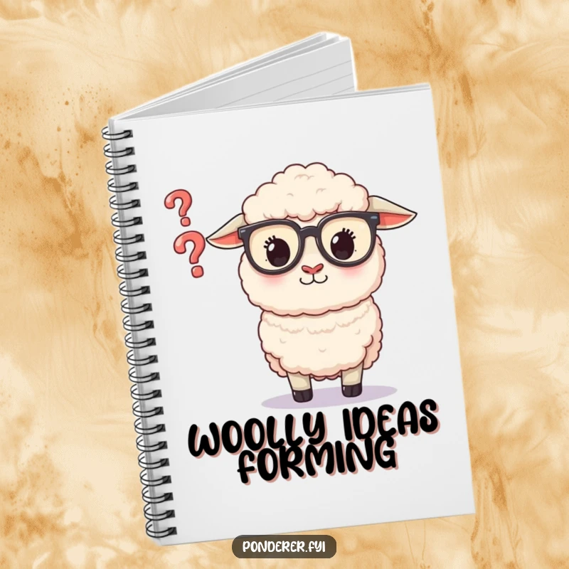 Funny Sheep Glasses Notebook: Lined pages featuring a fluffy sheep in glasses peering at a floating question mark.