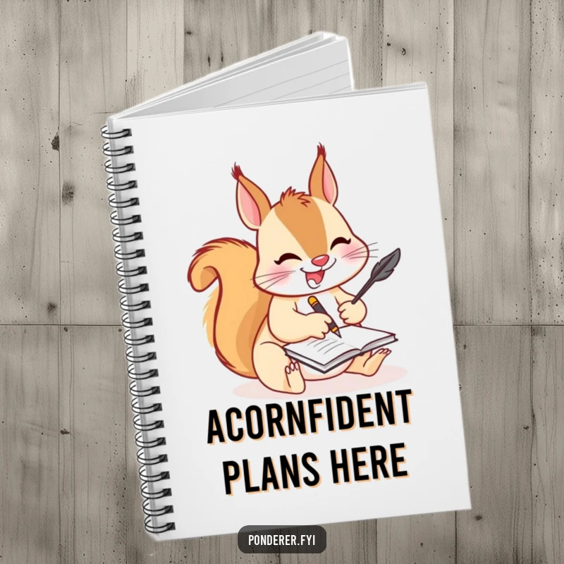 Funny squirrel writer notebook, showcasing a squirrel furiously scribbling with a quill, ideal for jotting down creative ideas humorously.