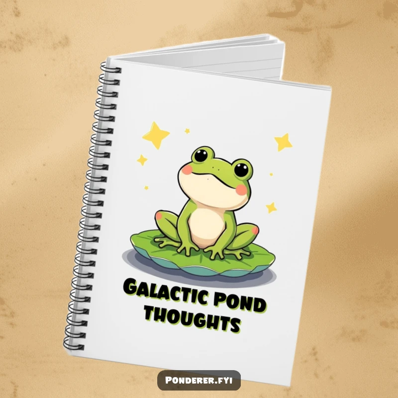 Funny notebook with a content frog on a lily pad, gazing at a starry night sky. Humorous journal for ideas and notes.
