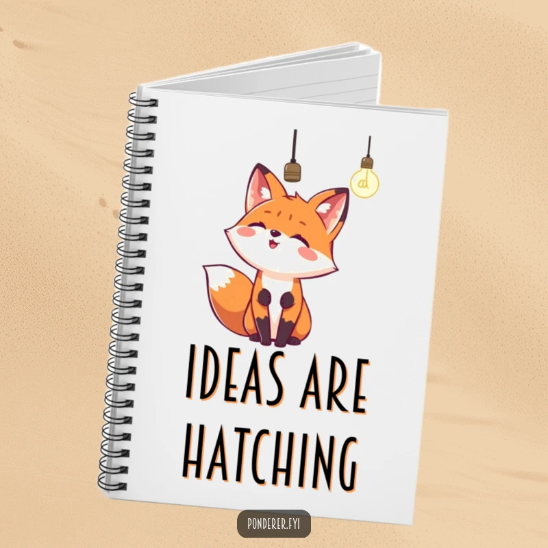 Funny notebook with a happy fox looking up at a dangling lightbulb. For notes and ideas.