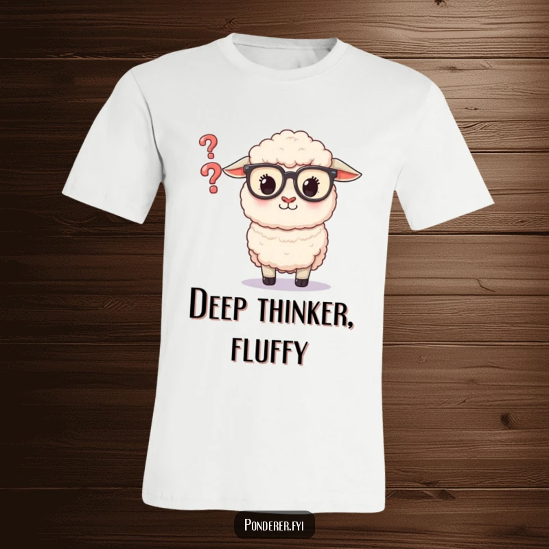 Funny Sheep Glasses T-Shirt: Features a fluffy sheep in glasses intently examining a small, floating question mark.