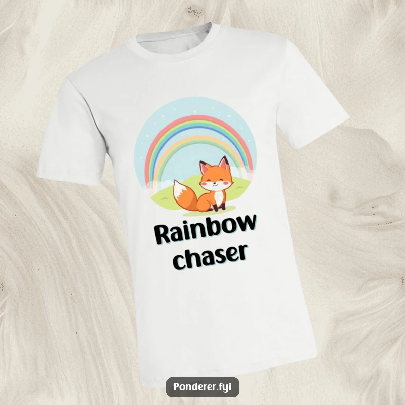 Funny t-shirt featuring a cheerful fox gazing at a vibrant rainbow over a tiny hill. Happy and optimistic design.