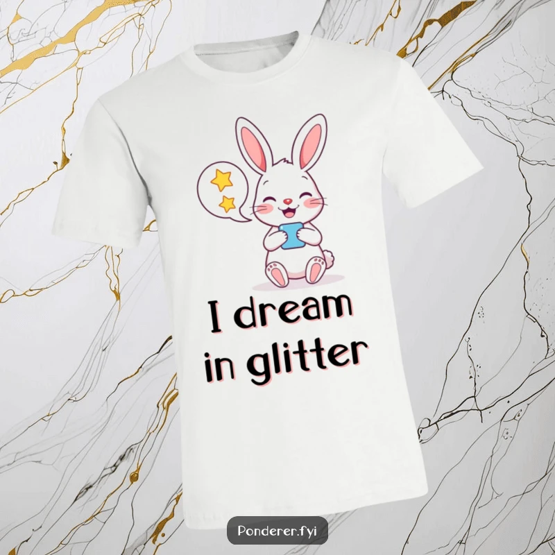 Funny t-shirt with a cheerful rabbit holding a speech bubble full of stars, showcasing a whimsical and imaginative design.