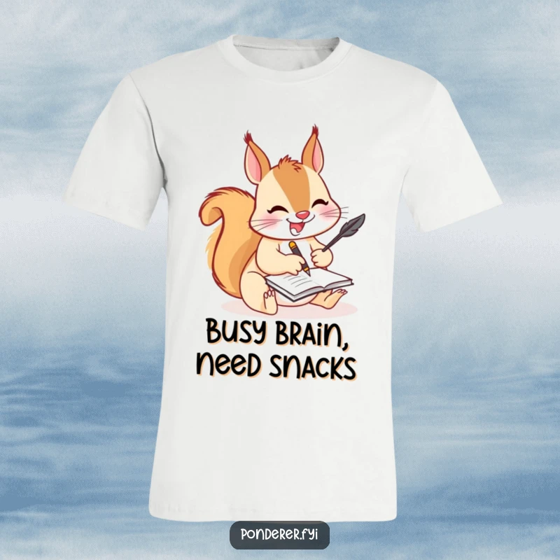 Funny squirrel scribe t-shirt, a joyful squirrel furiously writing with a quill on a notepad, perfect for author gifts.