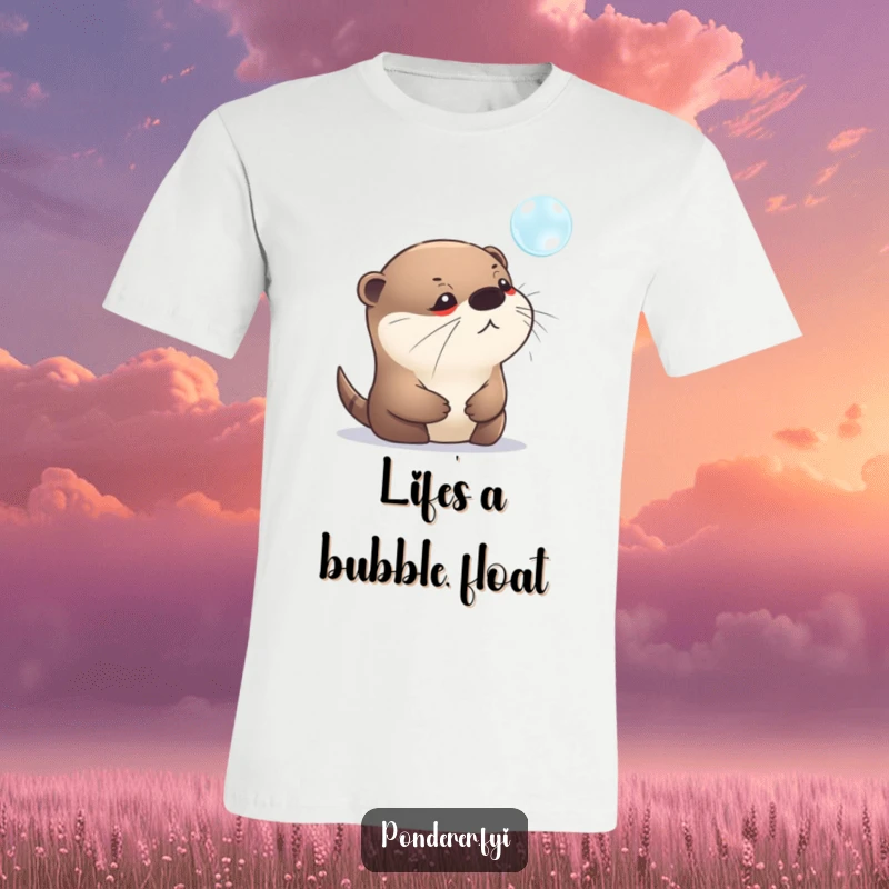 Funny t-shirt graphic of a pensive otter staring intently at a shimmering bubble. Humorous and contemplative animal design.