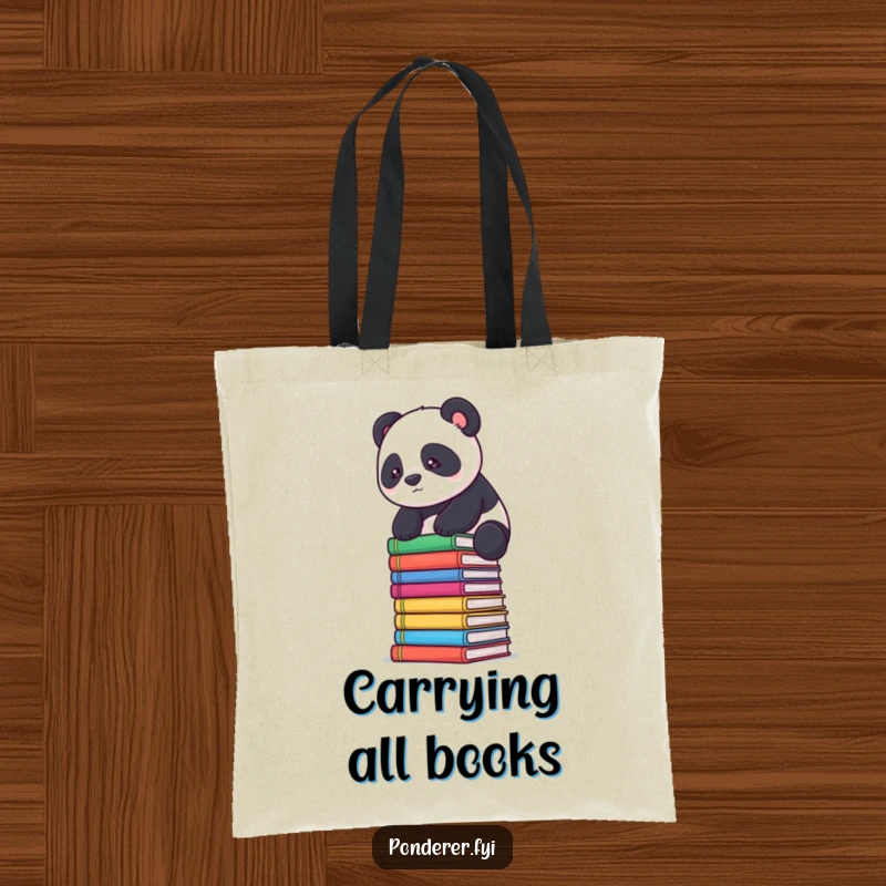 Funny panda scholar tote bag: a determined panda balances on colorful books, perfect for carrying.