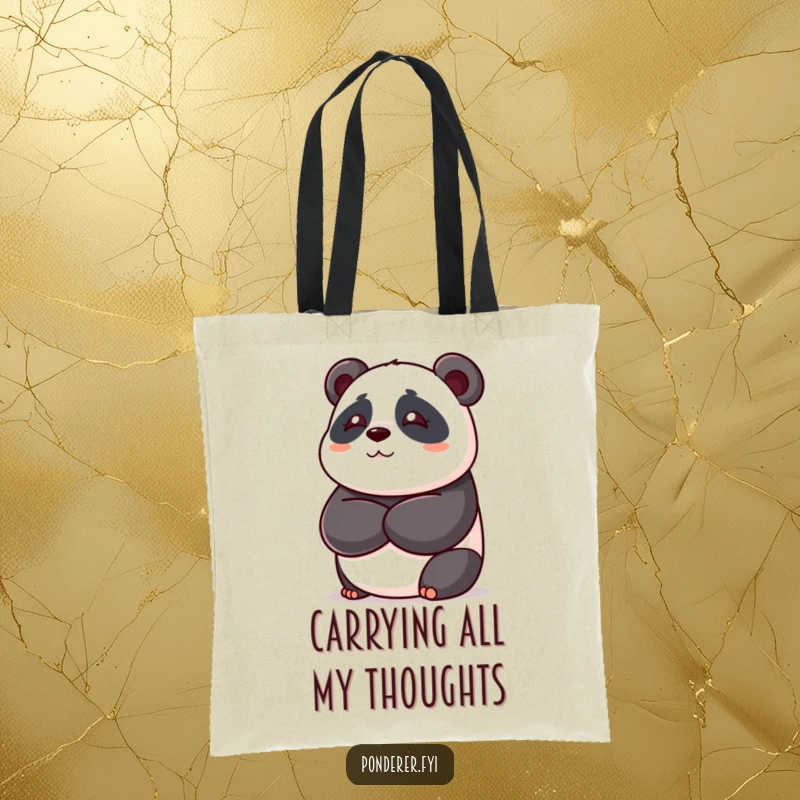 Funny panda bear tote bag, playful bear with crossed arms deep in thought, useful and humorous accessory, great gift.