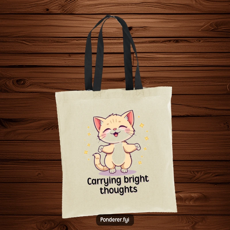 Funny kitten tote bag depicting a giggling cat spinning with a trail of sparkling ideas, perfect for carrying essentials.