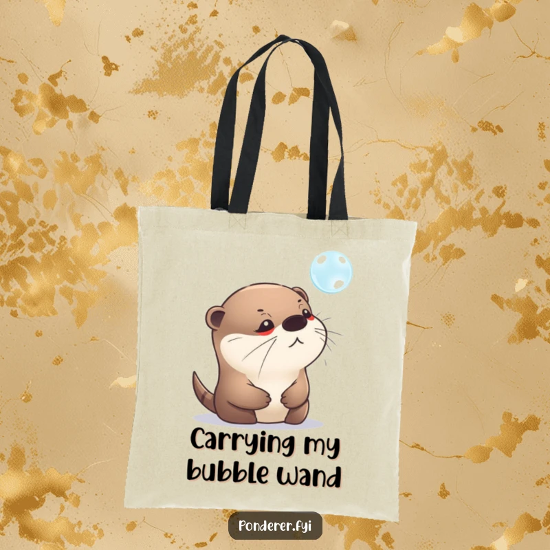 Funny tote bag illustrated with a pensive otter staring intently at a shimmering bubble. A charming and humorous accessory.