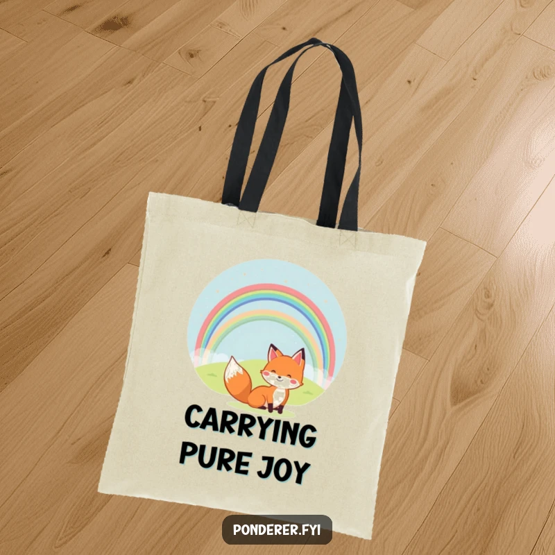 Funny tote bag showcasing a cheerful fox beneath a vibrant rainbow arching over a hill. Whimsical and functional.