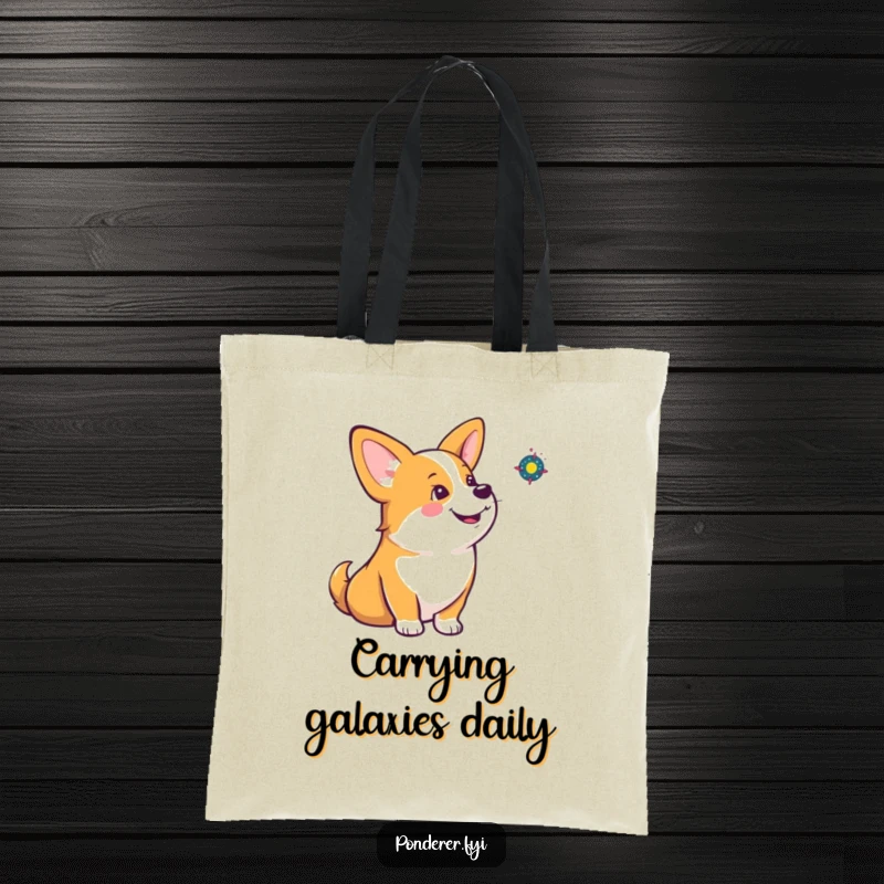 Funny corgi tote bag illustrating a corgi contemplating a tiny spinning galaxy, excellent for stylish and humorous shopping.