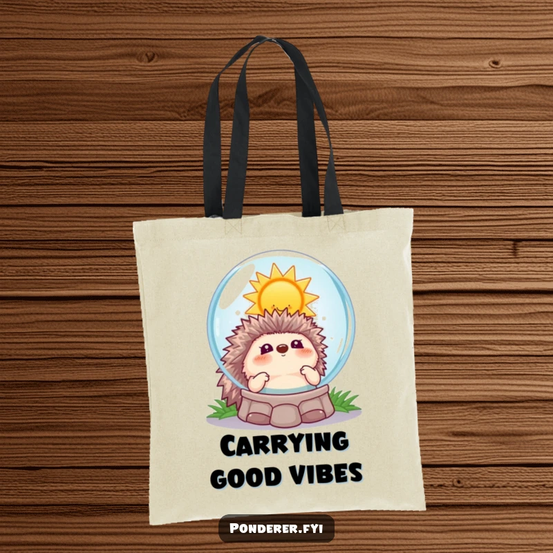 Funny hedgehog crystal ball tote bag, a hedgehog looking into a crystal ball at a smiling sun, perfect for carrying positivity.