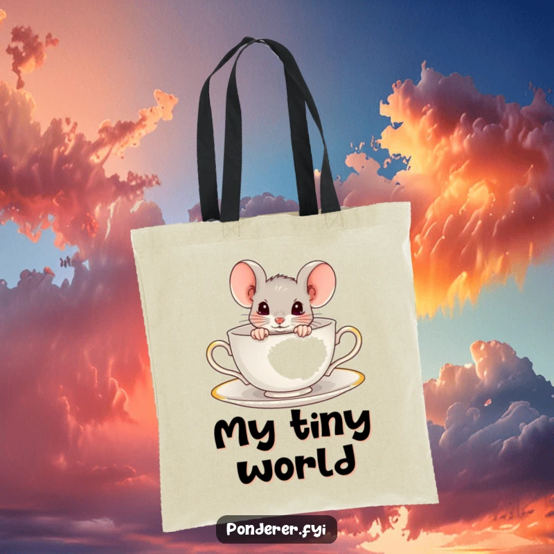 Funny tote bag showing a curious mouse peeking out of a teacup. Whimsical and functional.