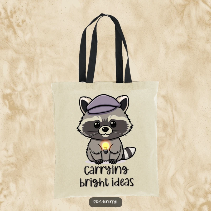 Funny raccoon genius tote bag: a clever raccoon in a beret strokes chin, lightbulb icon visible.