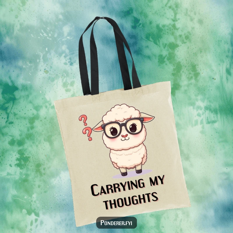 Funny Sheep Glasses Tote Bag: Durable bag featuring a fluffy sheep in glasses intently looking at a question mark.
