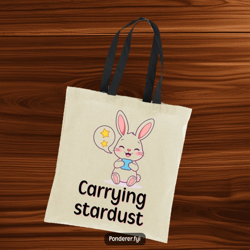 Funny tote bag with a cheerful rabbit character holding a speech bubble overflowing with sparkling stars, ideal for stylish shopping.