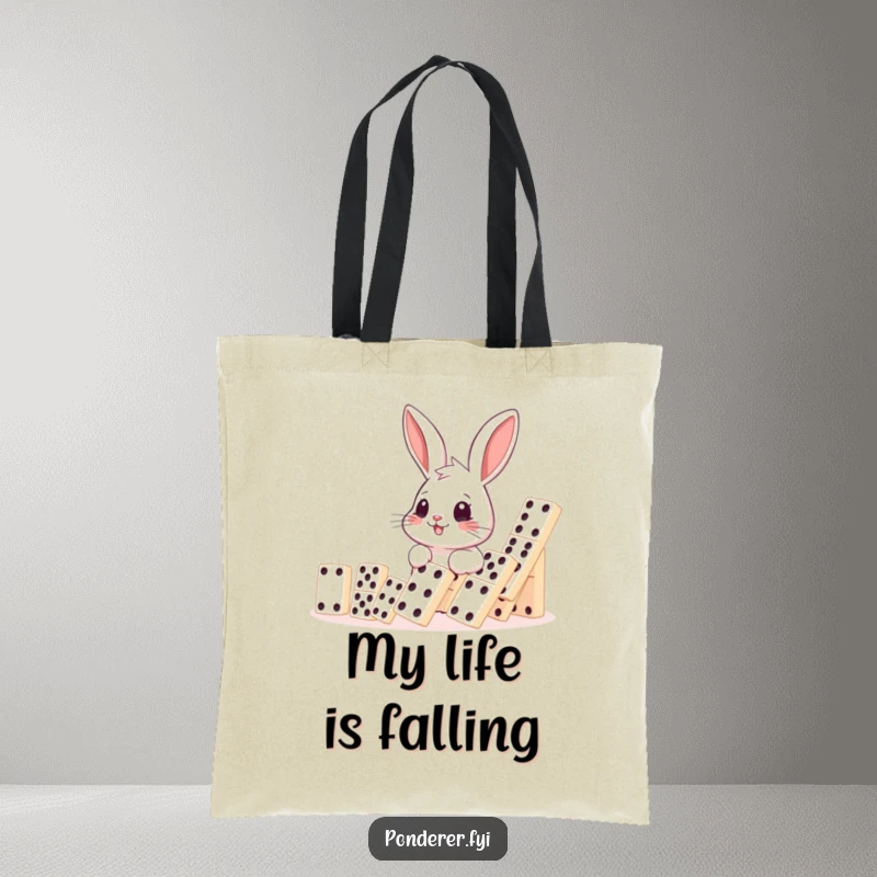 Funny rabbit domino tote bag, smiling rabbit watching falling dominoes, humorous and practical accessory, great gift.